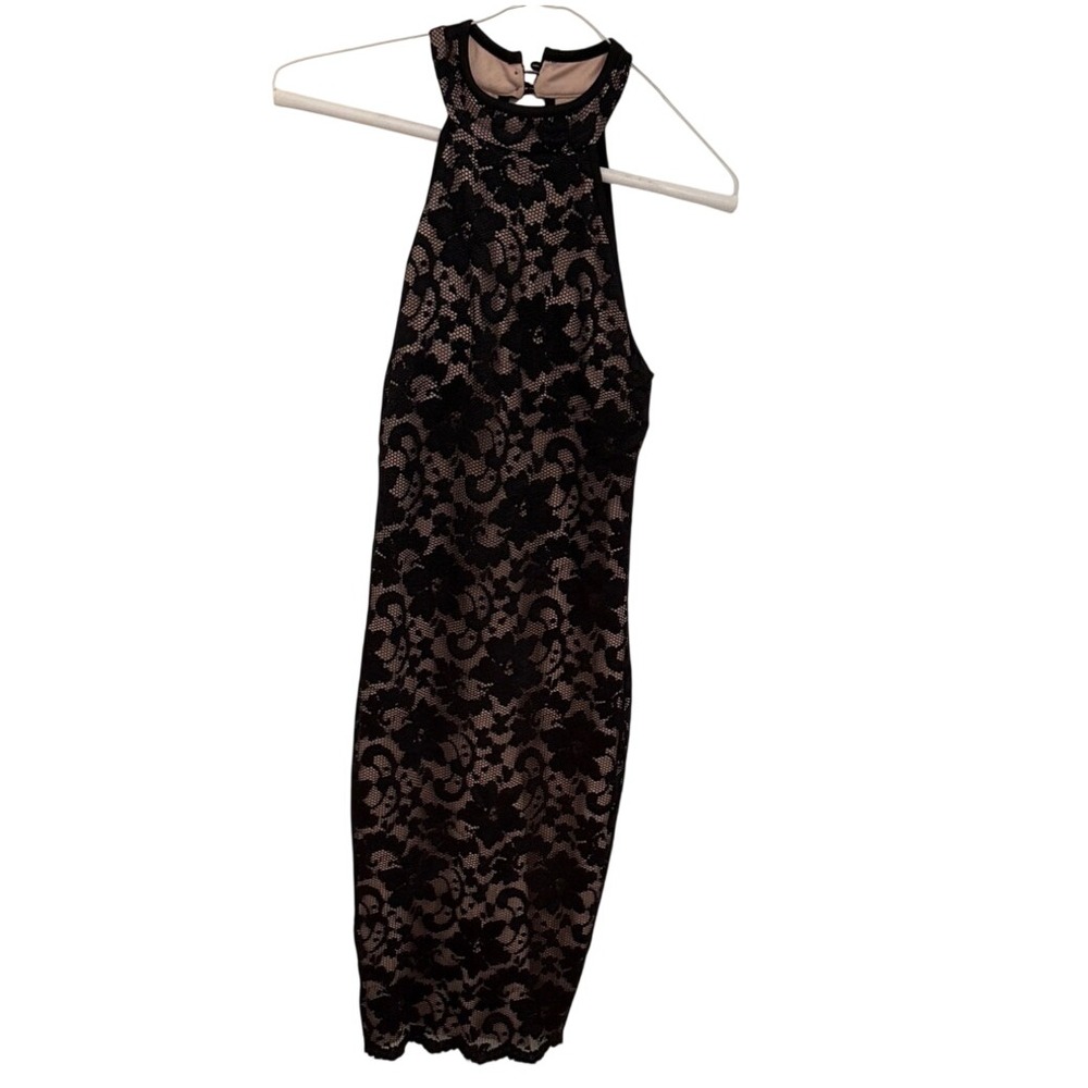 Emerald Sundae Black Floral Lace Halter Bodycon Dress Nude Lining Small